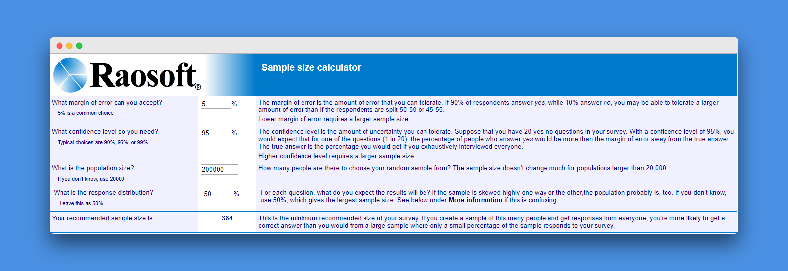 Sample size calculator by Raosoft