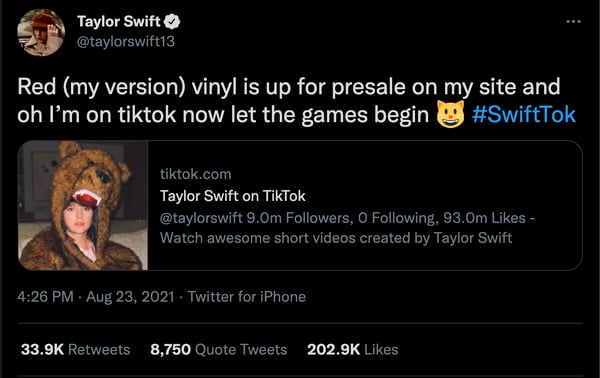Audiense blog - tweet from Taylor announcing that she’s now on TikTok.