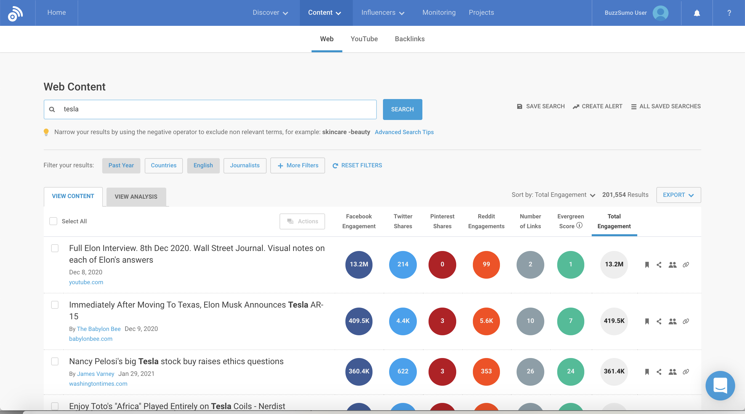 BuzzSumo's web content tool also tracks keyword mentions across social channels. 