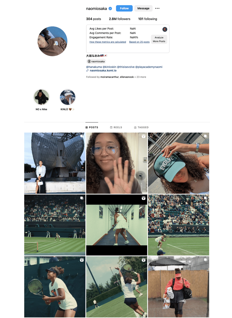 Audiense blog -  image - Naomi Osaka Instagram profile