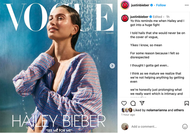 Audiense blog - image - Justin Bieber Instagram post on Hailey Bieber