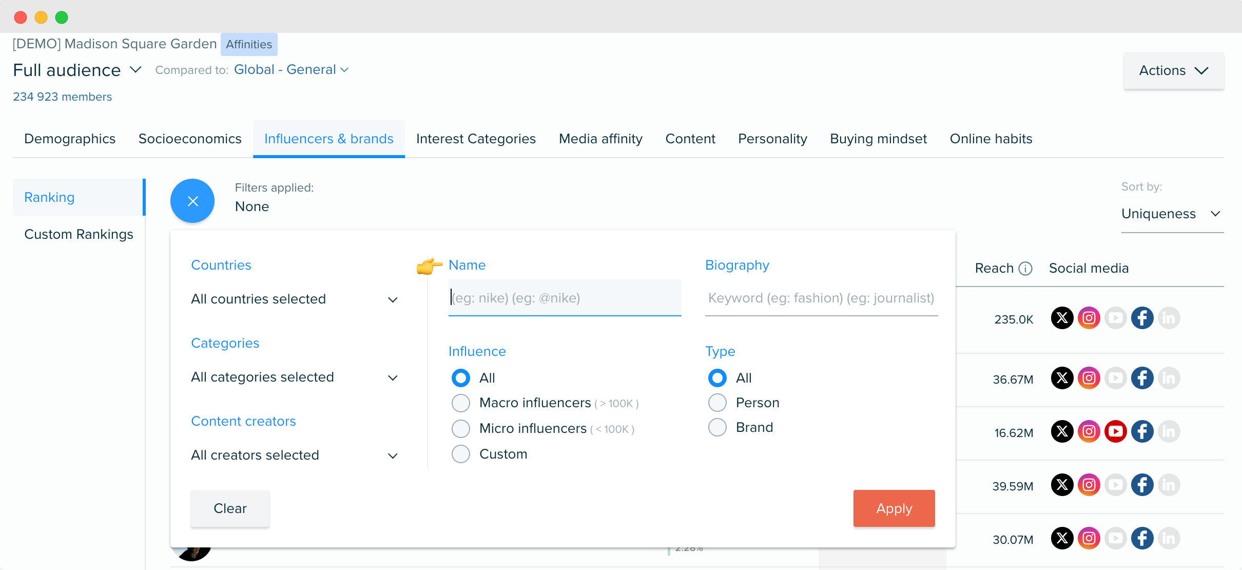 Audiense blog - image - new Name filter in the Influencers & Brands tab - Audiense Insights